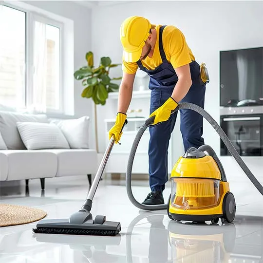 Professional Helping Hand cleaner vacuuming a polished floor in a modern home